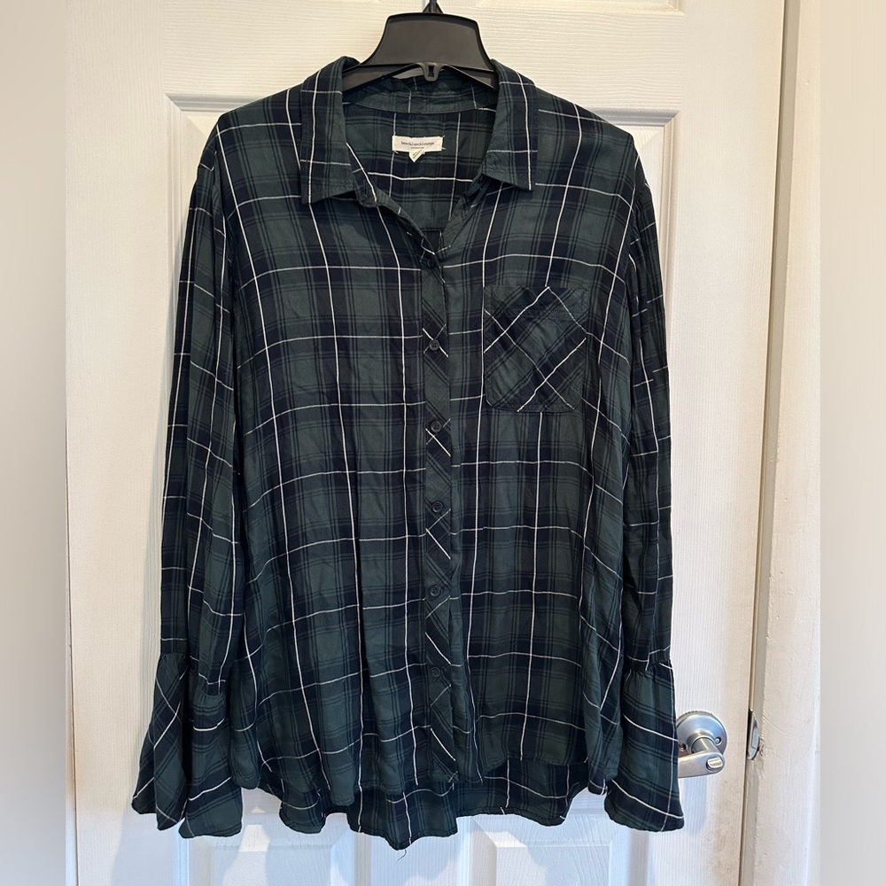 Anthropologie Beach Lunch Lounge Green Plaid Bell Sleeves Blouse